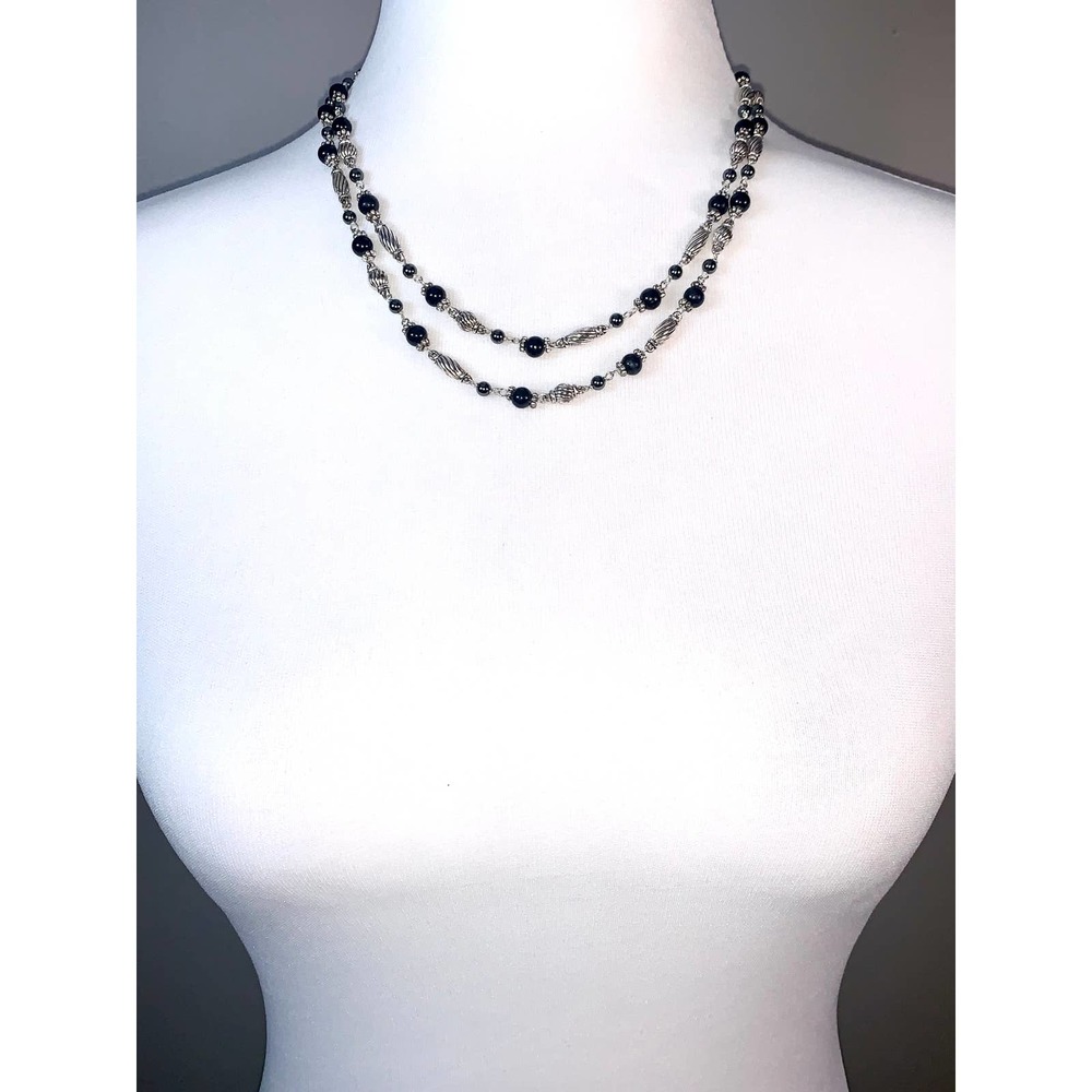 Napier Silver Black Beaded Double Strand Statement Necklace EUC - Picture 3 of 5